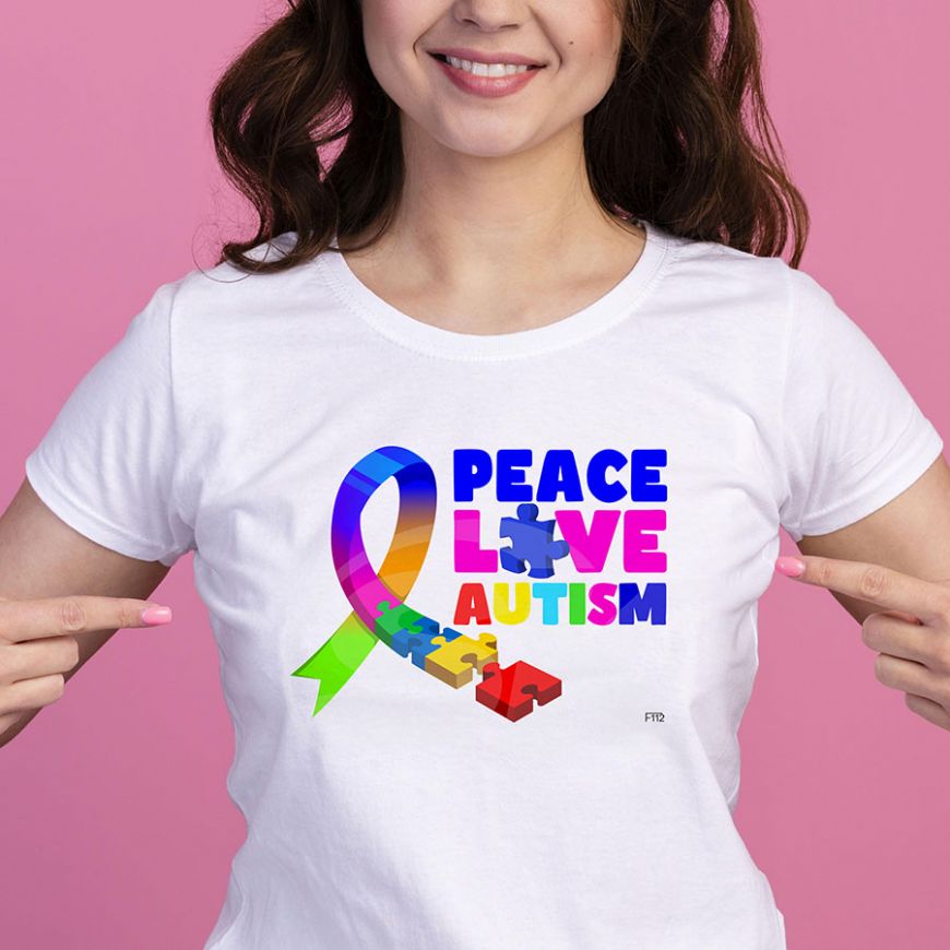 LOVE A PEACE バックプリントTシャツ Peace Love Autism Ribbon 10 x 7 inches